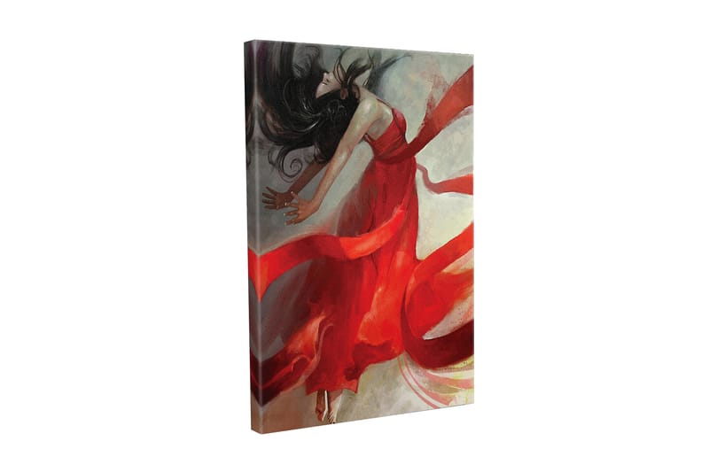 Canvas-taulu - Tanssiva nainen punaisessa mekossa ja hulmuavissa nauhoissa, Punainen / Beige / Musta