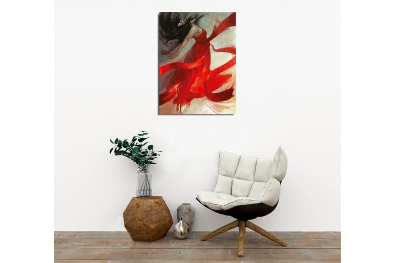 Canvas-taulu - Tanssiva nainen punaisessa mekossa ja hulmuavissa nauhoissa - Punainen / Beige / Musta - Sisustustuotteet - Taulu & taide - Canvas-taulu
