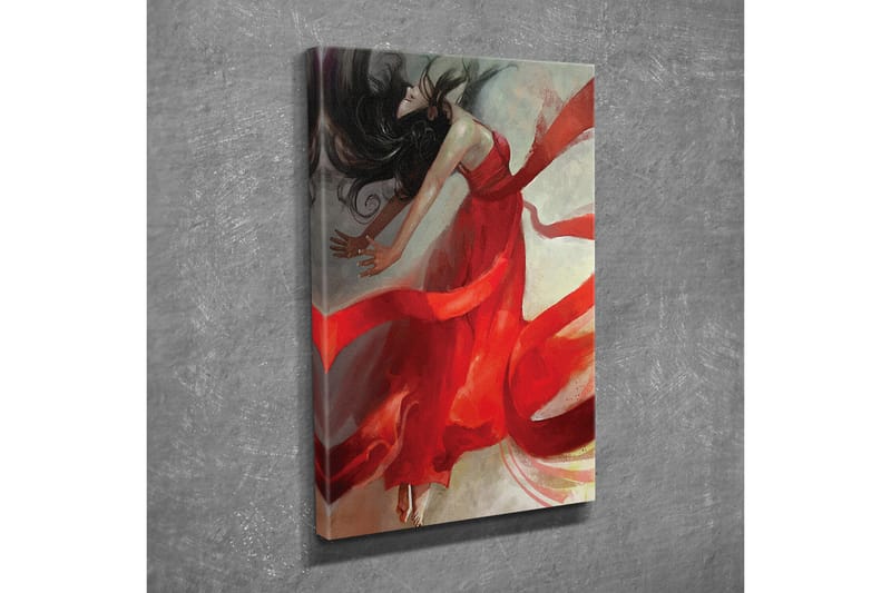 Canvas-taulu - Tanssiva nainen punaisessa mekossa ja hulmuavissa nauhoissa - Punainen / Beige / Musta - Sisustustuotteet - Taulu & taide - Canvas-taulu