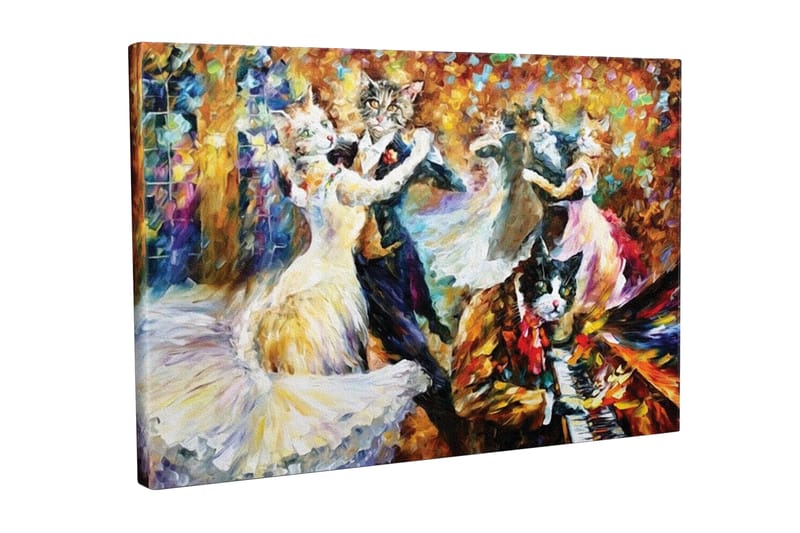Canvas-taulu - Tanssivat kissat tyylikkäissä vaatteissa juhlallisessa tanssiaisessa, Kulta / Valkoinen / Musta