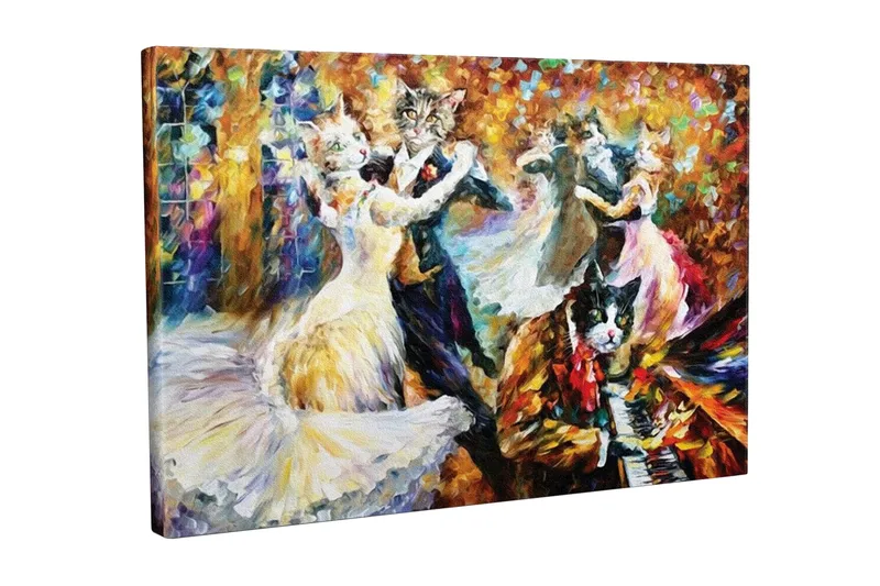 Canvas-taulu - Tanssivat kissat tyylikkäissä vaatteissa juhlallisessa tanssiaisessa, Kulta / Valkoinen / Musta