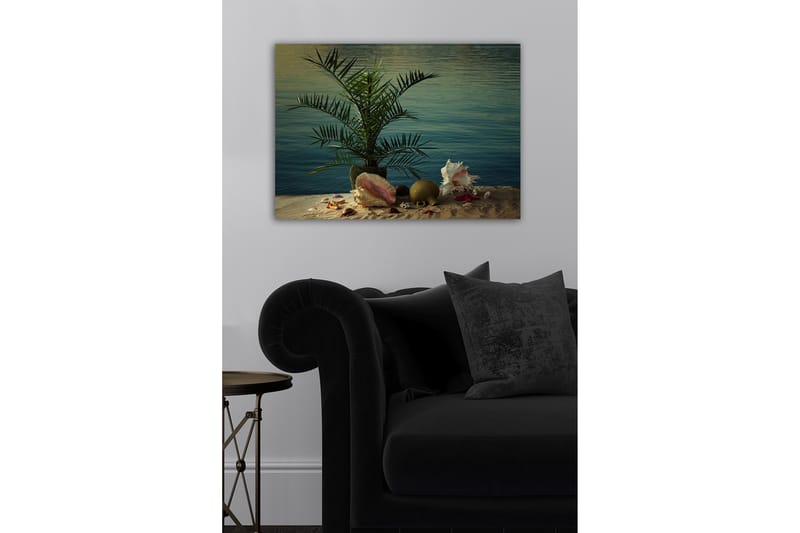 Canvas-taulu - Trooppinen rauha palmun ja simpukoiden kanssa veden äärellä - Vihreä / Beige / Vaaleanpunainen - Sisustustuotteet - Taulu & taide - Canvas-taulu