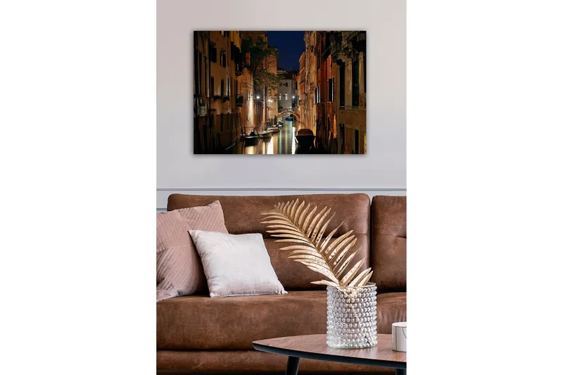 Canvas-taulu - Tumma kanava veneineen romanttisessa venetsialaisessa ympäristössä - Tummansininen / Beige / Musta - Sisustustuotteet - Taulu & taide - Canvas-taulu