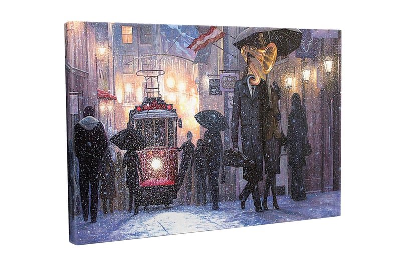 Canvas-taulu - Tumma kaupunkinäkymä vanhanaikaisella raitiovaunulla ja ihmisillä sateenvarjojen kanssa lumisateessa, Tummansininen / Punainen / Harmaa