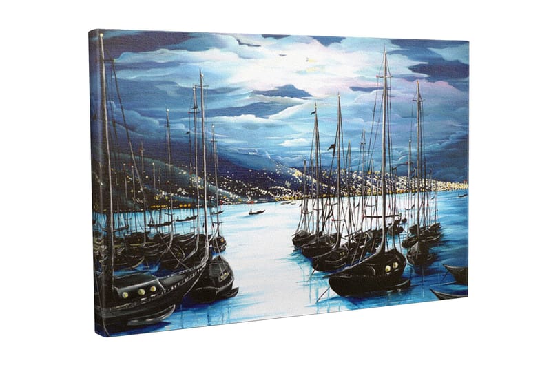 Canvas-taulu - Tummat purjeveneet hiljaisessa satamassa dramaattisen taivaan alla, Tummansininen / Musta / Vaaleansininen