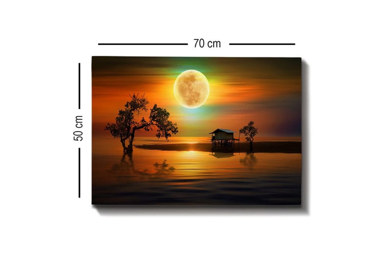 Canvas-taulu - Tunnelmallinen maisema mökillä veden äärellä suuren täysikuun alla - Oranssi / Sininen / Vihreä - Sisustustuotteet - Taulu & taide - Canvas-taulu