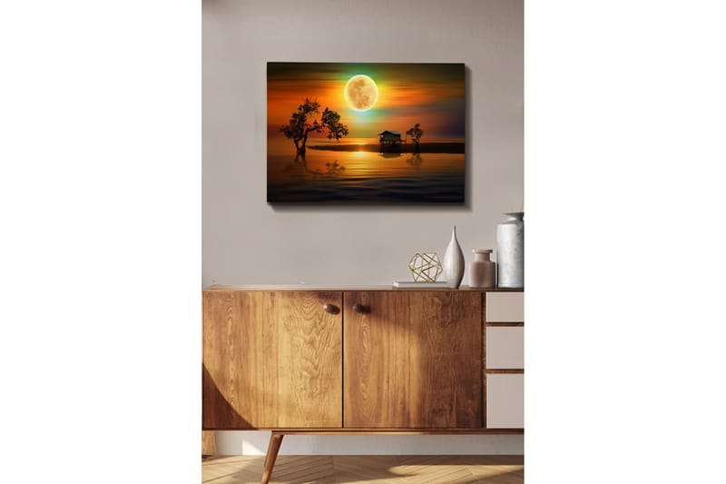 Canvas-taulu - Tunnelmallinen maisema mökillä veden äärellä suuren täysikuun alla - Oranssi / Sininen / Vihreä - Sisustustuotteet - Taulu & taide - Canvas-taulu