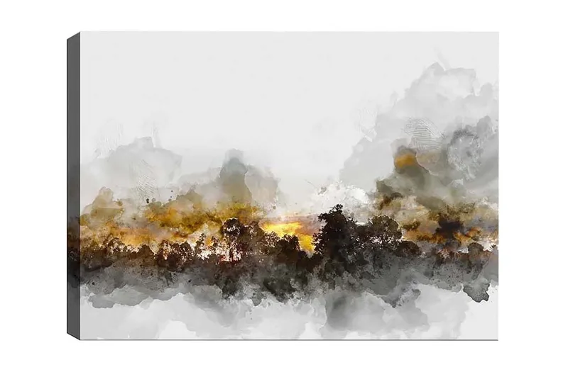 Canvas-taulu - Tunnelmallinen maisemanäkymä, jossa puiden siluetteja dramaattista taivasta vasten, Harmaa / Ruskea / Musta