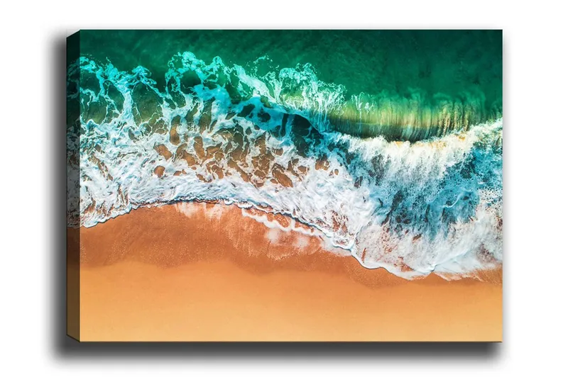 Canvas-taulu - Turkoosi meri valkoisilla aalloilla kohtaa kultaisen hiekkarannan, Turkoosi / Valkoinen / Kultainen