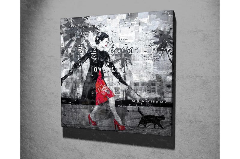 Canvas-taulu - Tyylikäs nainen punaisessa mekossa mustan kissan kanssa kaupunkiympäristössä - Punainen / Musta / Harmaa - Sisustustuotteet - Taulu & taide - Canvas-taulu