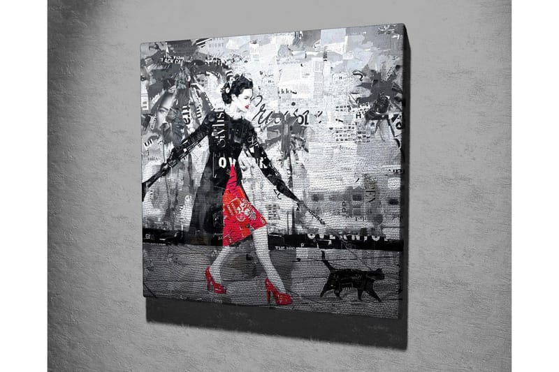 Canvas-taulu - Tyylikäs nainen punaisessa mekossa mustan kissan kanssa kaupunkiympäristössä - Punainen / Musta / Harmaa - Sisustustuotteet - Taulu & taide - Canvas-taulu