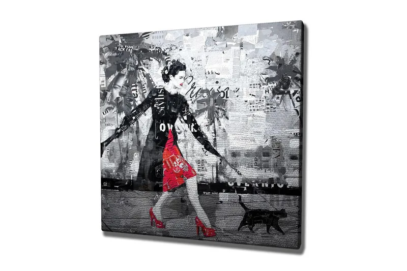 Canvas-taulu - Tyylikäs nainen punaisessa mekossa mustan kissan kanssa kaupunkiympäristössä, Punainen / Musta / Harmaa