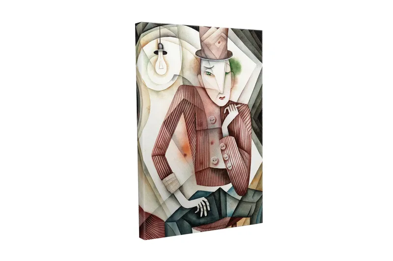 Canvas-taulu - Tyylitelty mies hatussa, jolla on salaperäinen ilme, Ruskea / Vihreä / Beige