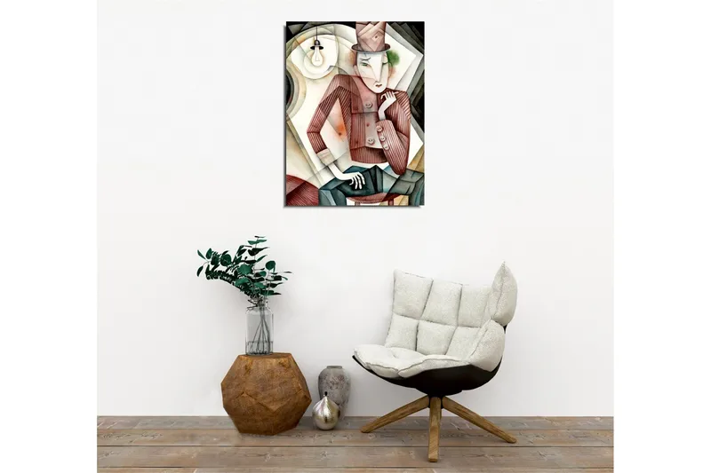 Canvas-taulu - Tyylitelty mies hatussa, jolla on salaperäinen ilme - Ruskea / Vihreä / Beige - Sisustustuotteet - Taulu & taide - Canvas-taulu