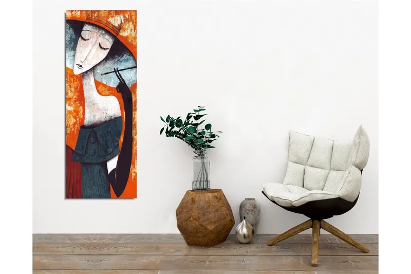 Canvas-taulu - Tyylitelty nainen hattu päässä ja savuke kädessään - Oranssi / Tummansininen / Valkoinen - Sisustustuotteet - Taulu & taide - Canvas-taulu