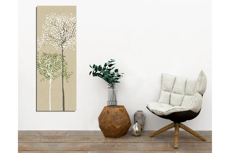 Canvas-taulu - Tyyliteltyjä puita valkoisilla ja vihreillä lehdillä neutraalilla taustalla - Vihreä / Valkoinen / Beige - Sisustustuotteet - Taulu & taide - Canvas-taulu