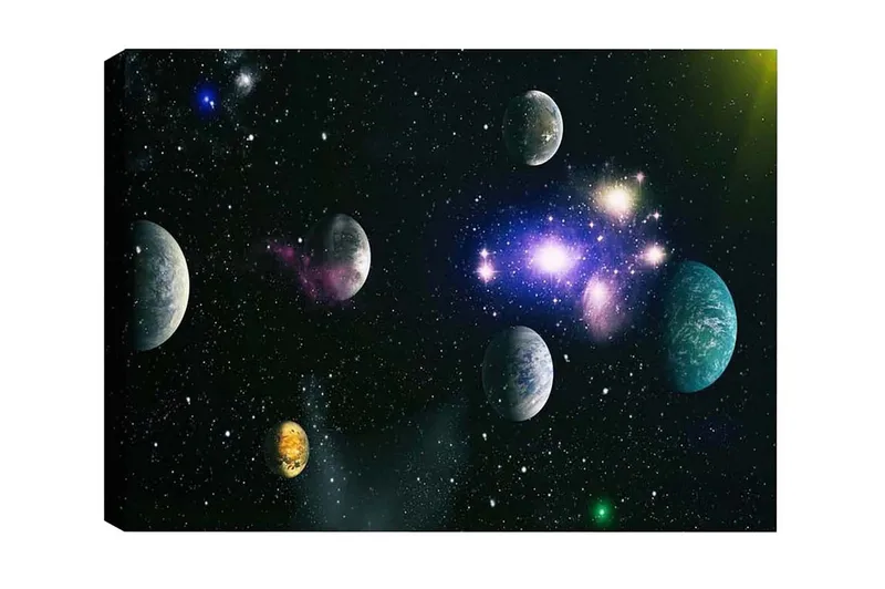 Canvas-taulu - Upea avaruusmaisema useilla planeetoilla ja tähdillä, Sininen / Vihreä / Violetti