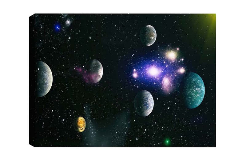 Canvas-taulu - Upea avaruusmaisema useilla planeetoilla ja tähdillä, Sininen / Vihreä / Violetti