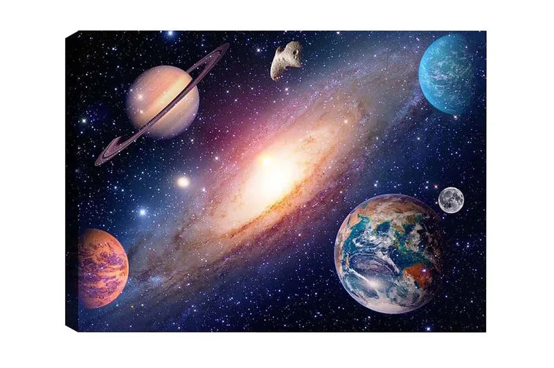 Canvas-taulu - Upea avaruusmaisema planeettoineen ja galakseineen, Sininen / Violetti / Oranssi