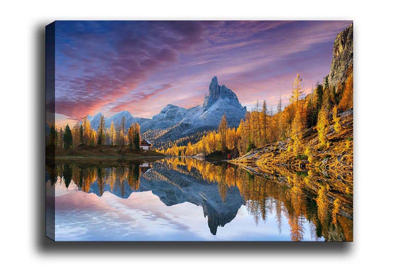 Canvas-taulu - Upea vuoristomaisema heijastuneena järvessä, Kulta / Sininen / Harmaa