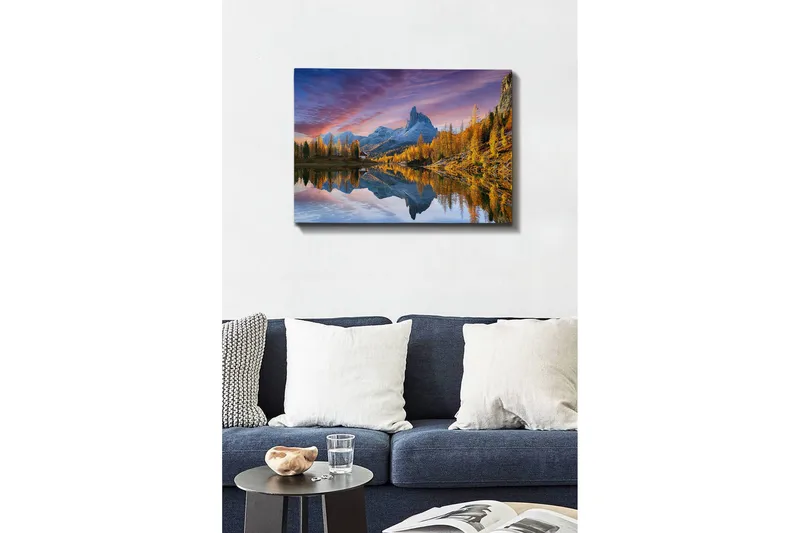 Canvas-taulu - Upea vuoristomaisema heijastuneena järvessä - Kulta / Sininen / Harmaa - Sisustustuotteet - Taulu & taide - Canvas-taulu