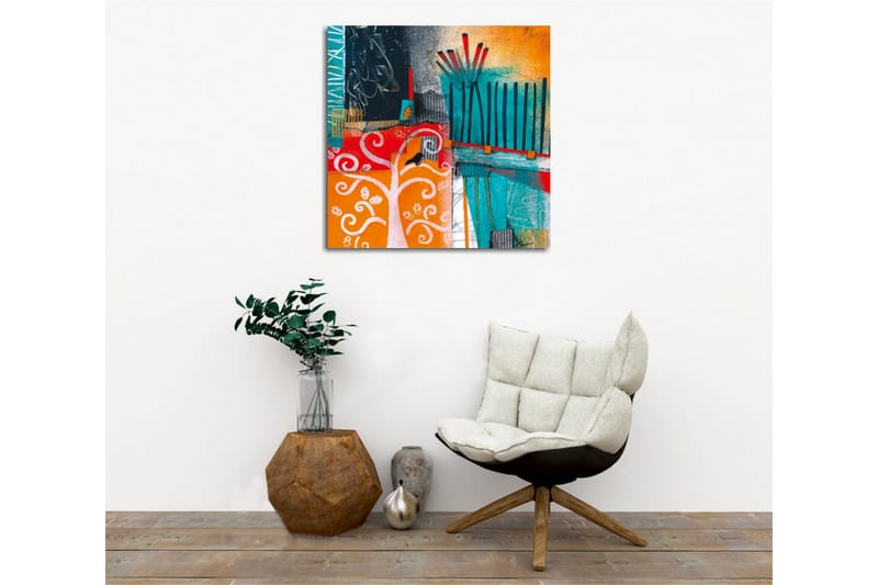 Canvas-taulu - Värikäs abstrakti sommitelma puilla ja geometrisilla muodoilla - Turkoosi / Oranssi / Punainen - Sisustustuotteet - Taulu & taide - Canvas-taulu
