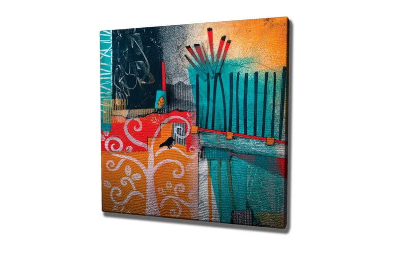 Canvas-taulu - Värikäs abstrakti sommitelma puilla ja geometrisilla muodoilla, Turkoosi / Oranssi / Punainen