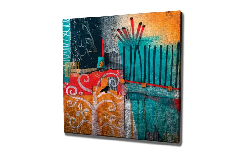 Canvas-taulu - Värikäs abstrakti sommitelma puilla ja geometrisilla muodoilla, Turkoosi / Oranssi / Punainen