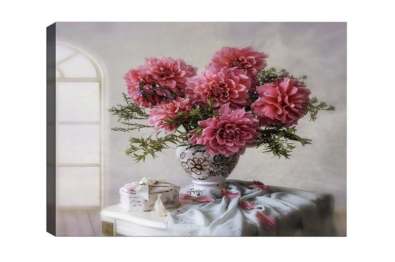 Canvas-taulu - Värikäs daalioiden kimppu kauniissa maljakossa, Vaaleanpunainen / Vihreä / Valkoinen