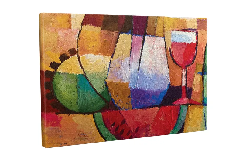 Canvas-taulu - Värikäs hiljaisuus laseilla ja hedelmillä, Vihreä / Punainen / Violetti