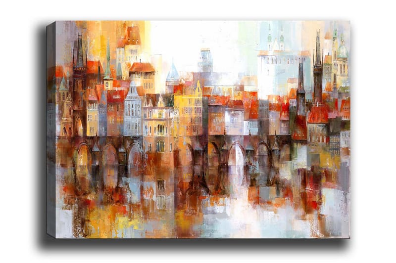Canvas-taulu - Värikäs kaupunkikuva historiallisine rakennuksineen ja siltoineen, Oranssi / Sininen / Beige