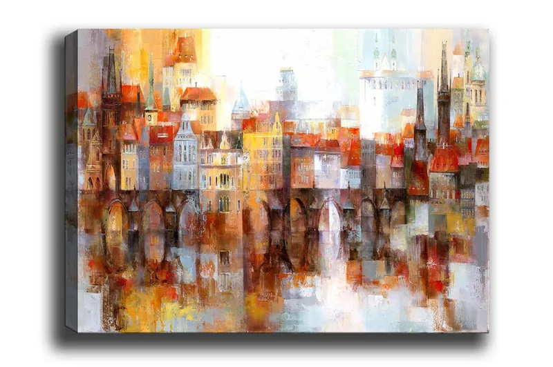 Canvas-taulu - Värikäs kaupunkikuva historiallisine rakennuksineen ja siltoineen, Oranssi / Sininen / Beige