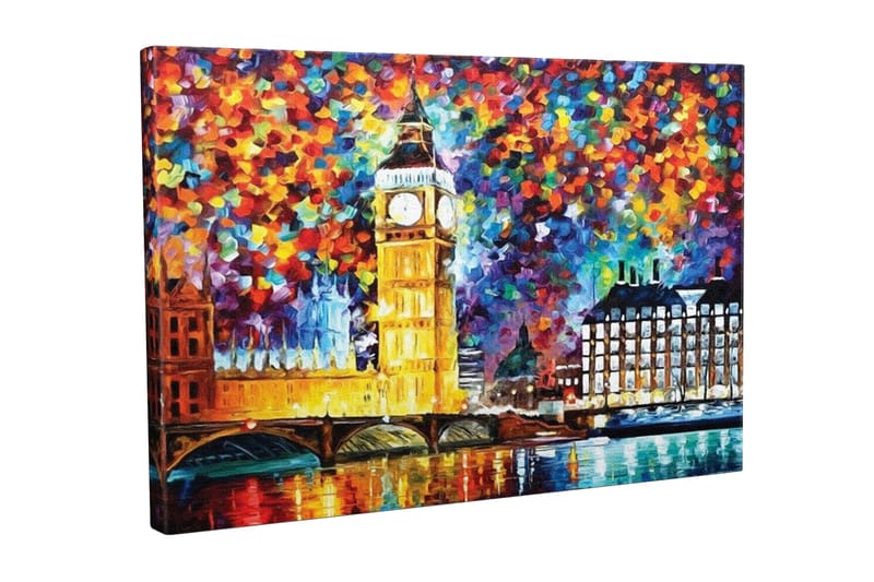 Canvas-taulu - Värikäs kaupunkisiluetti Big Benillä ja Thames-joella, Kulta / Sininen / Punainen