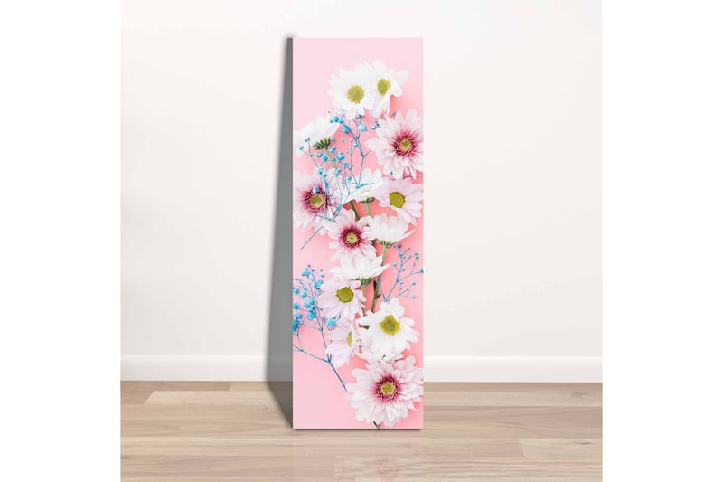 Canvas-taulu - Värikäs kimppu päivänkakkaroita ja kukkia vaaleanpunaisella taustalla - Vaaleanpunainen / Valkoinen / Sininen - Sisustustuotteet - Taulu & taide - Canvas-taulu
