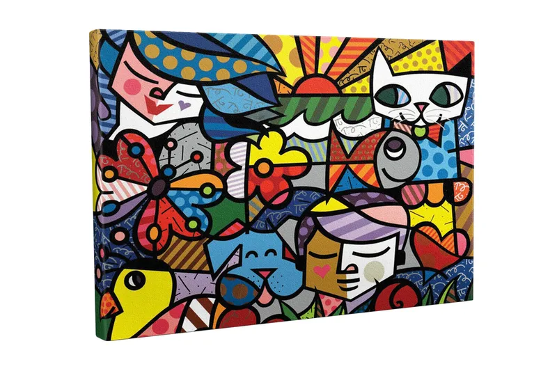 Canvas-taulu - Värikäs kokoelma eläimiä ja ihmisiä leikkisässä sommitelmassa, Punainen / Sininen / Keltainen