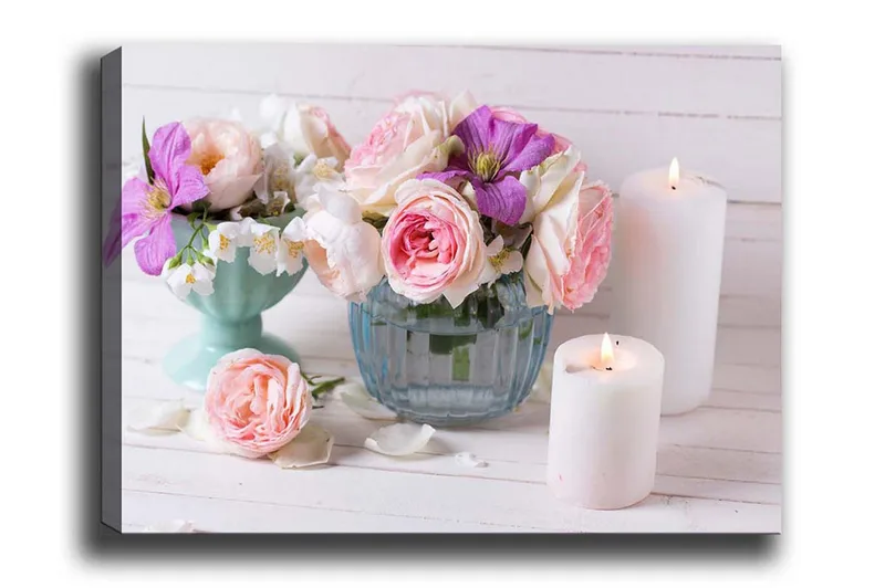 Canvas-taulu - Värikäs kukkakimppu erilaisissa maljakoissa, Vaaleanpunainen / Violetti / Valkoinen