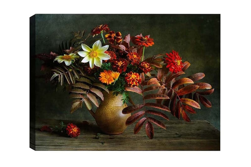 Canvas-taulu - Värikäs kukkakimppu keraamisessa maljakossa, Punainen / Oranssi / Vihreä