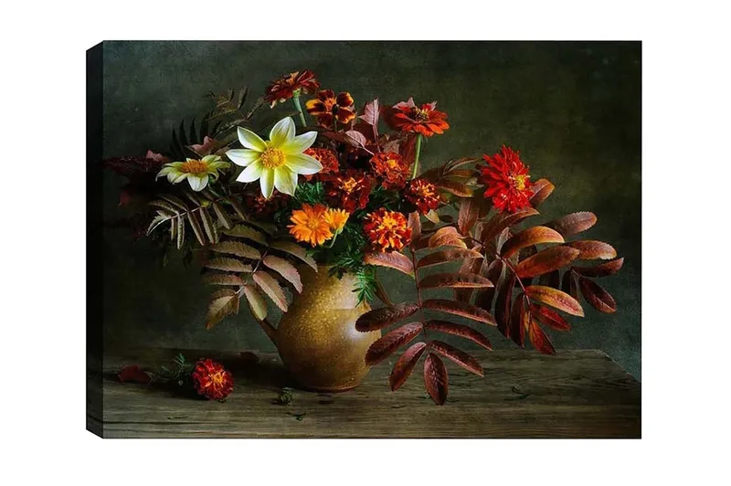 Canvas-taulu - Värikäs kukkakimppu keraamisessa maljakossa, Punainen / Oranssi / Vihreä