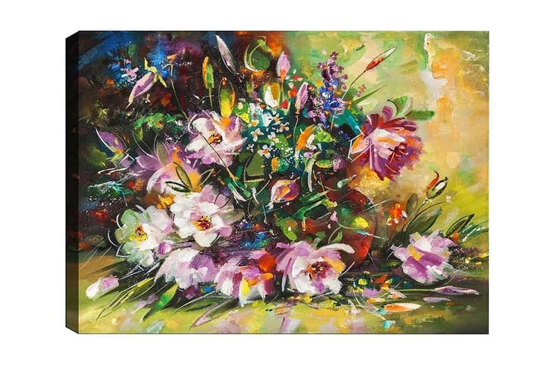 Canvas-taulu - Värikäs kukkakimppu kirkkaissa sävyissä, Violetti / Vihreä / Keltainen