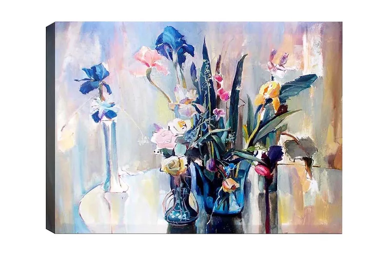 Canvas-taulu - Värikäs kukkakimppu lasimaljakoissa, Sininen / Vaaleanpunainen / Vihreä