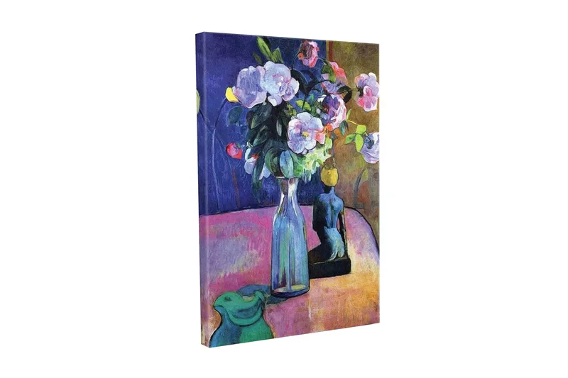 Canvas-taulu - Värikäs kukkakimppu maljakossa ja veistos taustalla, Violetti / Vihreä / Vaaleanpunainen