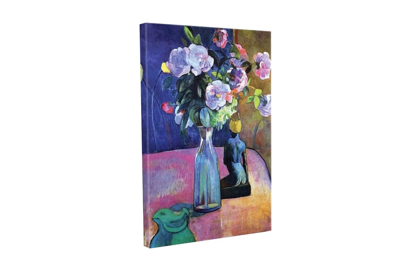 Canvas-taulu - Värikäs kukkakimppu maljakossa ja veistos taustalla, Violetti / Vihreä / Vaaleanpunainen