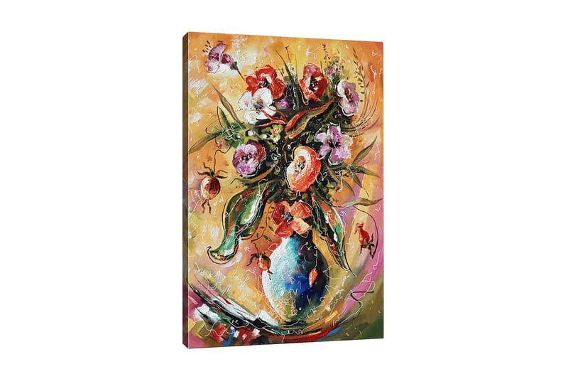 Canvas-taulu - Värikäs kukkakimppu maljakossa, Vihreä / Vaaleanpunainen / Oranssi