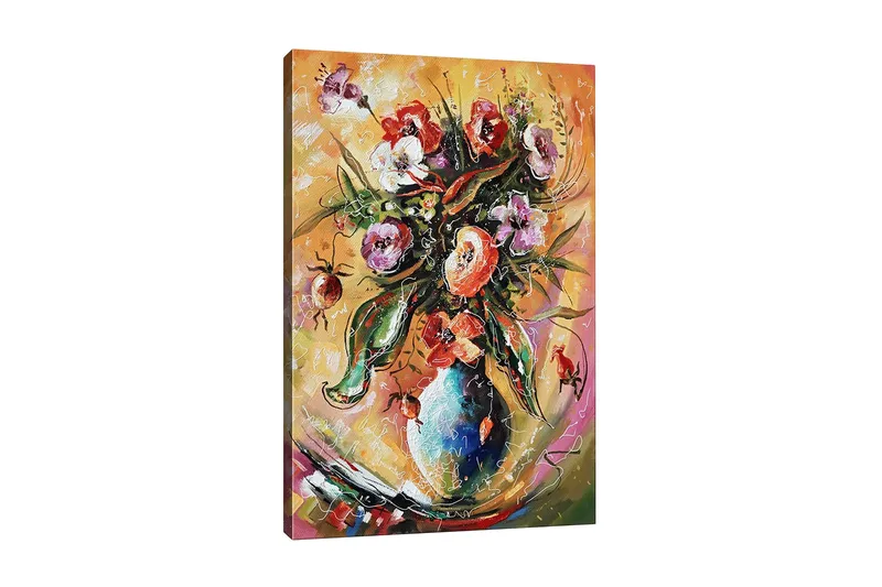 Canvas-taulu - Värikäs kukkakimppu maljakossa, Vihreä / Vaaleanpunainen / Oranssi