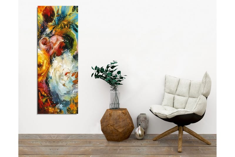 Canvas-taulu - Värikäs kukkakimppu vihreillä lehtielementeillä - Punainen / Keltainen / Valkoinen - Sisustustuotteet - Taulu & taide - Canvas-taulu