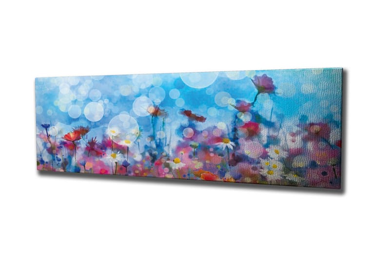 Canvas-taulu - Värikäs kukkaniitty sumeilla valopisteillä, Sininen / Vaaleanpunainen / Valkoinen