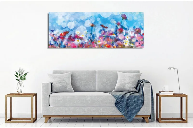 Canvas-taulu - Värikäs kukkaniitty sumeilla valopisteillä - Sininen / Vaaleanpunainen / Valkoinen - Sisustustuotteet - Taulu & taide - Canvas-taulu