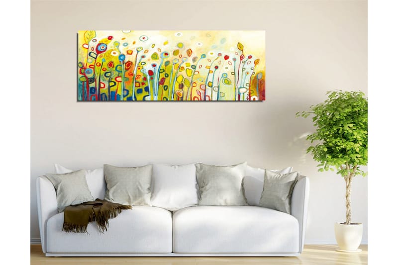 Canvas-taulu - Värikäs kukkaniitty tyylitellyillä kukilla ja lehdillä - Vihreä / Punainen / Keltainen - Sisustustuotteet - Taulu & taide - Canvas-taulu