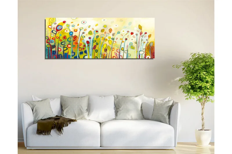 Canvas-taulu - Värikäs kukkaniitty tyylitellyillä kukilla ja lehdillä - Vihreä / Punainen / Keltainen - Sisustustuotteet - Taulu & taide - Canvas-taulu