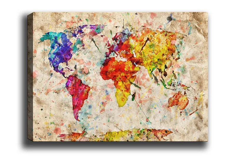 Canvas-taulu - Värikäs maailmankartta abstrakteilla muodoilla, Sininen / Punainen / Keltainen
